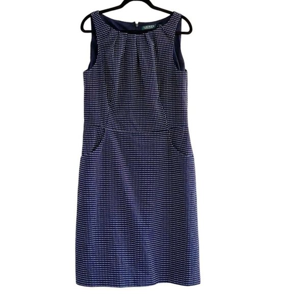 Lauren Ralph Lauren Sleeveless Boat Neck Navy Dot Pattern Woven Dress Sz 14 - Picture 5 of 7